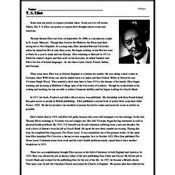 T S Eliot Reading Comprehension Worksheet Edhelper