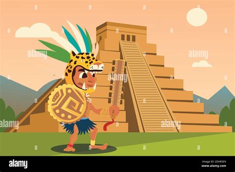 Aztec Warriors In Headgear Shield Pyramid Landscape Vector Illustration