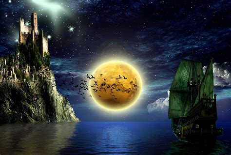 Moonlit Voyage A Hd Wallpaper Of Fantasy Castles And Ships