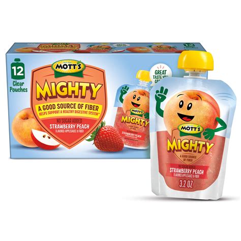 Motts Mighty Strawberry Peach Applesauce 32 Oz 12 Count Clear Pouches