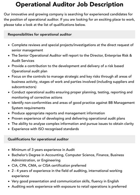 Operational Auditor Job Description Velvet Jobs