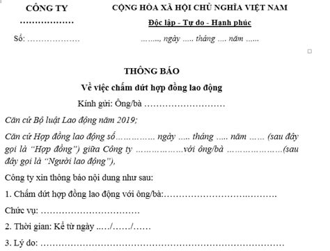 Mẫu thông báo chấm dứt hợp đồng lao động năm 2022 Công ty phải thông