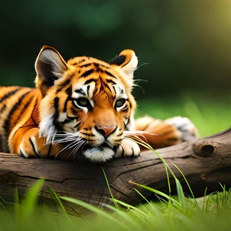 Premium Ai Image A Tiger Laying On A Log In The Grass