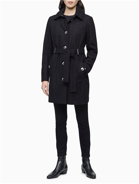 Calvin Klein Wool Blend Belted Trench Coat In Black Save 50 Lyst