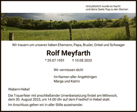 Traueranzeigen Von Rolf Meyfarth Trauer Hna De