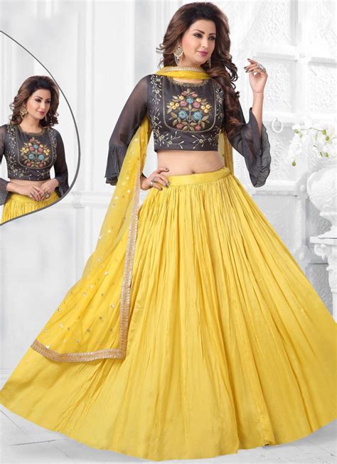 Buy Art Silk Plain Yellow Lehenga Choli Online