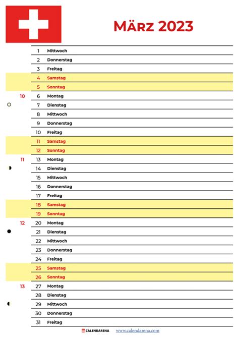 Kalender März 2023 Zum Ausdrucken Schweiz