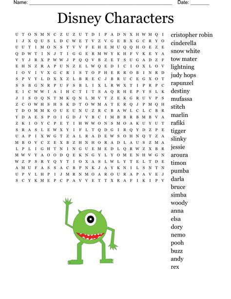 Disney Characters Word Search - WordMint