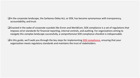 Sox Compliance Checklist Steps For Implementation Ppt