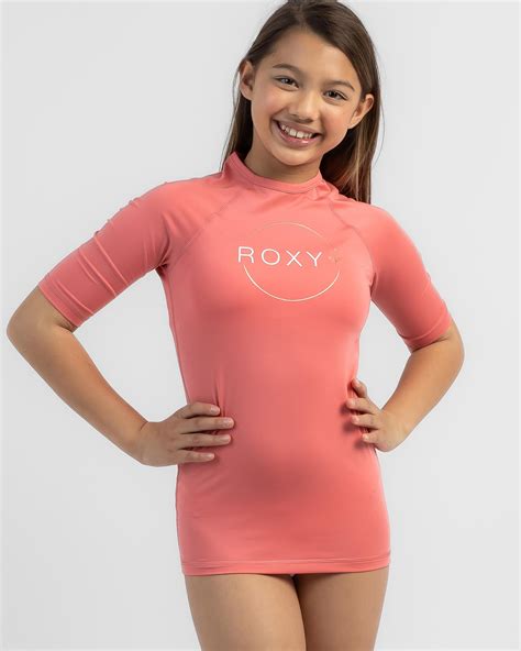 Shop Roxy Girls Beach Classics Short Sleeve Rash Vest In Tea Rose