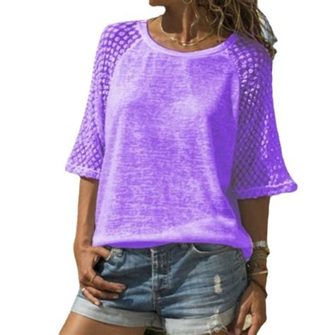 Cheap Womens Top Lace Stitching Round Neck Short Sleeve T Shirt Joom