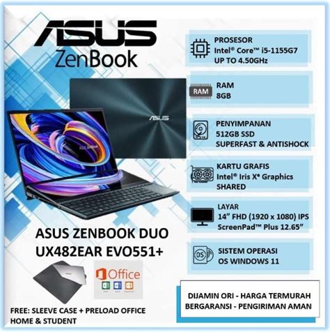 Jual Laptop Asus Zenbook Duo Ux482ear Evo551 Blue Intel Evo I5 1155g7