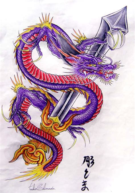 Purple dragon with pink belly pierced with a big sword tattoo design by ...