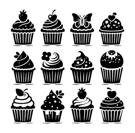 Ilustración vectorial de la silueta de un conjunto de cupcakes negros