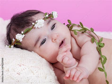 Cute Pretty Happy Chubby Baby Girl Portrait Naked Or Nude On A Fluffy Blanket Wearing A