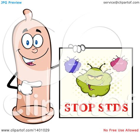 Clipart Of A Cartoon Happy Condom Mascot Character Holding A Stop Stds Sign Royalty Free