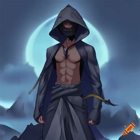 Anime Style Character Of A Hooded Male Ninja With Angel Wings On A Mountain