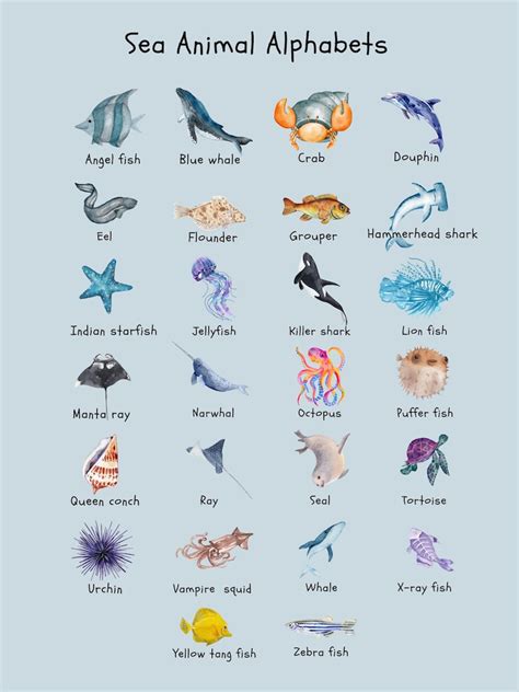 Sea Animals Alphabet Poster, Playroom Wall Decor, Ocean Animals ABC ...