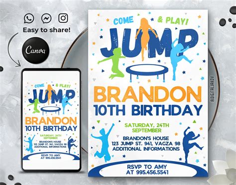 Trampoline Park Birthday Invitation Canva Editable Teamplate - Etsy