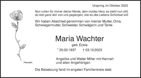 Traueranzeigen von Maria Wachter Südwest Presse Trauer