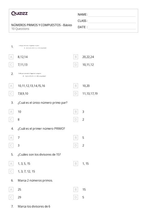 Números Primos E Compostos Imprimível 4ª Série Planilhas Quizizz