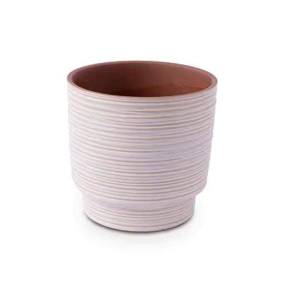 Vaso Em Ceramica Branco Marrom Ranhuras E Pedestal Raffaello