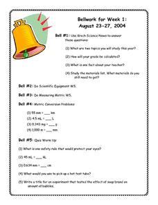 Bellwork for Week 1 Worksheet for 6th - 9th Grade | Lesson Planet