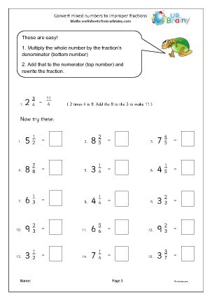 Convert Mixed Numbers To Improper Fractions Fractions And Decimals