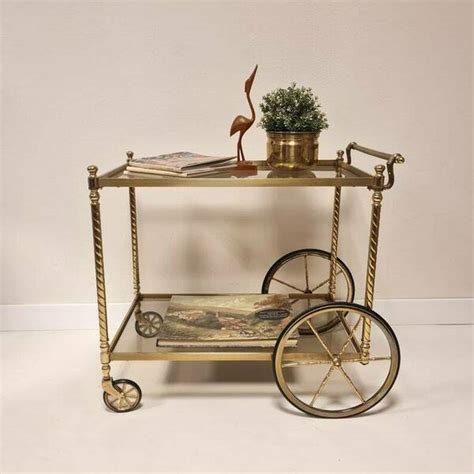 Vintage Hollywood Regency Brass Trolley Bar Cart With Smoked Glass