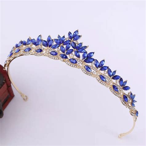 Blue Classic Tiara Baroque Crown Vintage Round Full Size Tiara Luxury Rhinestone Princess