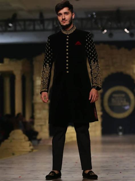 Pakistani Black Sherwani For Men With Dabka Gr Off