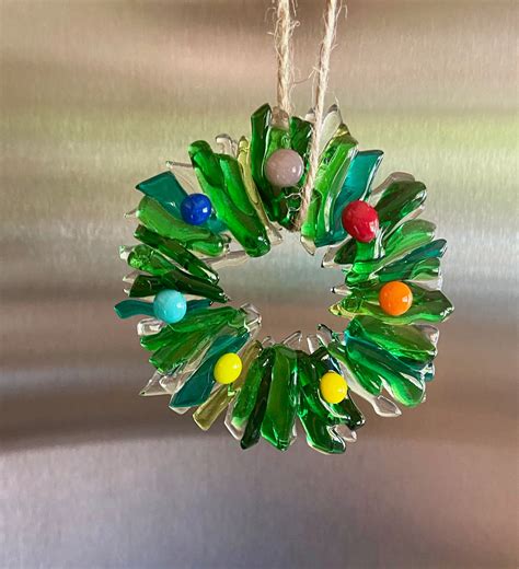 Fused Glass Wreath Ornament Green Clear With Rainbow Berries Etsy