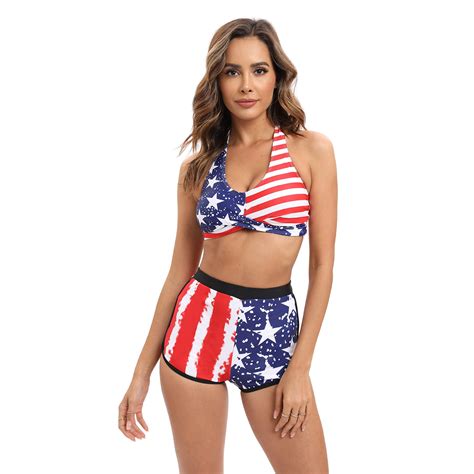 Wbq Women Bikini Sets 2 Piece Sexy Swimsuit Sling Halter String Usa American Flag Swimwear Set