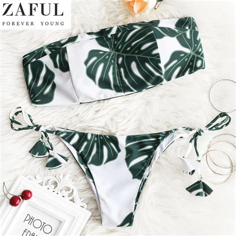 ZAFUL Women Bikini Sexy Palm Leaf Print Bandeau Bikini Set Summer Beach