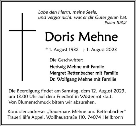 Traueranzeigen Von Doris Mehne Trauerundgedenken De