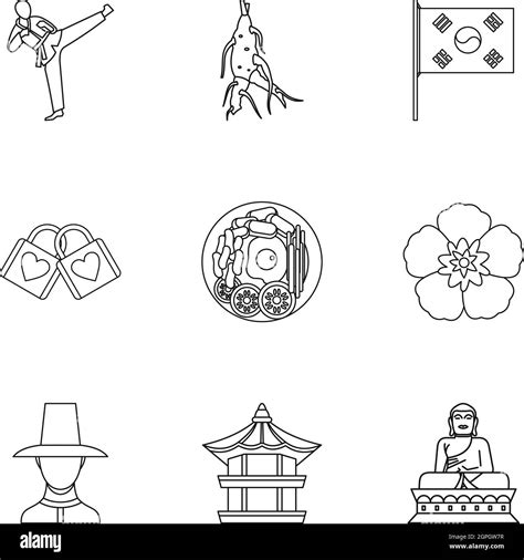 Tourism In South Korea Icons Set Outline Style Stock Vector Image