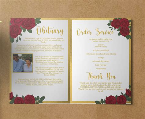 Red Roses Funeral Program for Women Roses Funeral Program With Red