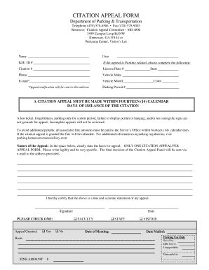 Fillable Online CITATION APPEAL FORM Department Of Parking Fax Email