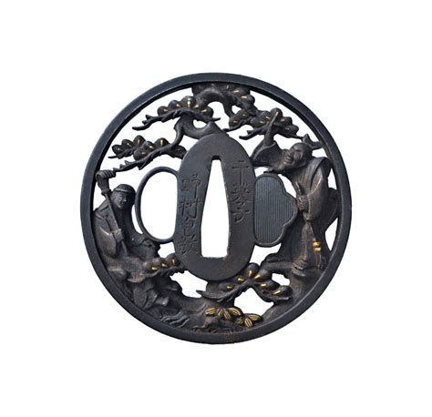 Tsuba en fer incrusté d or Jo et Uba Japon période Edo XIXe siècle