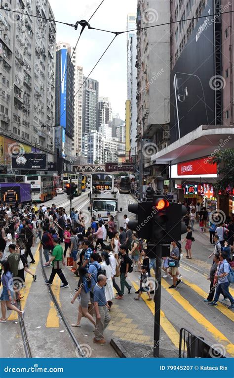 Crowded Pavement Pedestrian Crossing Shops And People At Causeway Bay