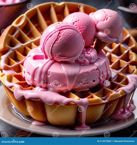 Strawberry Ice Cream In Waffle Cups On The Table Stock Illustration