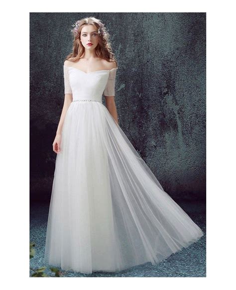 Simple A Line Off The Shoulder Floor Length Tulle Wedding Dress With Sleeves Tj055 149