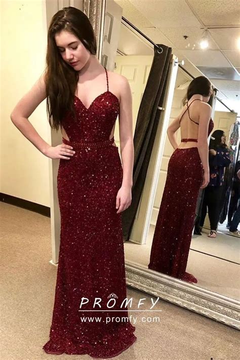 Sparkly And Sexy Backless Burgundy Sequin Long Prom Dress With Spaghetti Straps