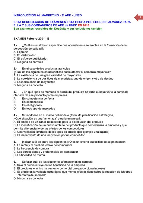 Examen Preguntas Y Respuestas Introducci N Al Marketing