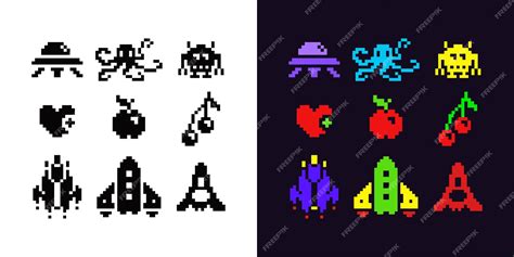 Starship En Monsters Pixel Art 1bit Icoon Set Zwart En Wit Emoji Hart