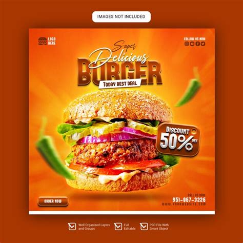 Speisekarte und köstlicher burger instagram post oder social media