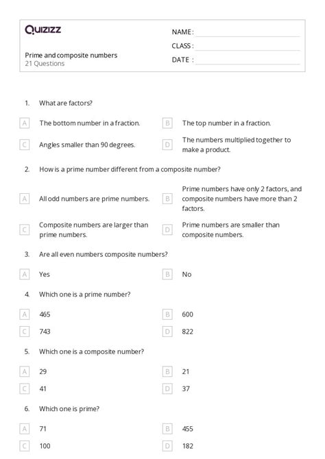 Prime And Composite Numbers Worksheets For Th Class On Quizizz