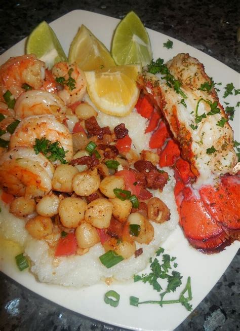 My Baked Lobster With Shrimp And Grits Also Scallops And Bacon So Good