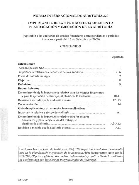 Nia 320 Importancia Relativa O Materialidad En La Planificación De