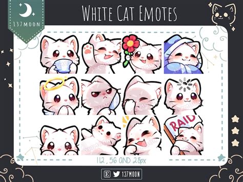 Cute Cat Emotes For Twitch Youtube Discord Kawaii Stream White Cat